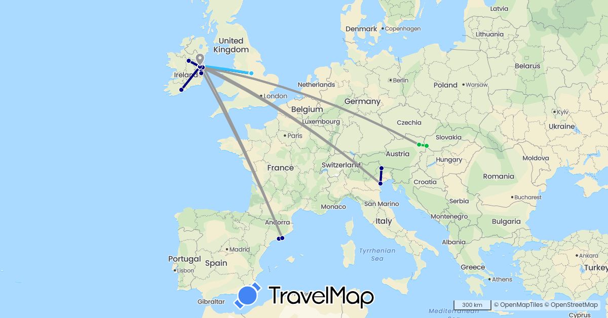 TravelMap itinerary: driving, bus, plane, boat in Austria, Spain, United Kingdom, Ireland, Italy, Slovakia (Europe)